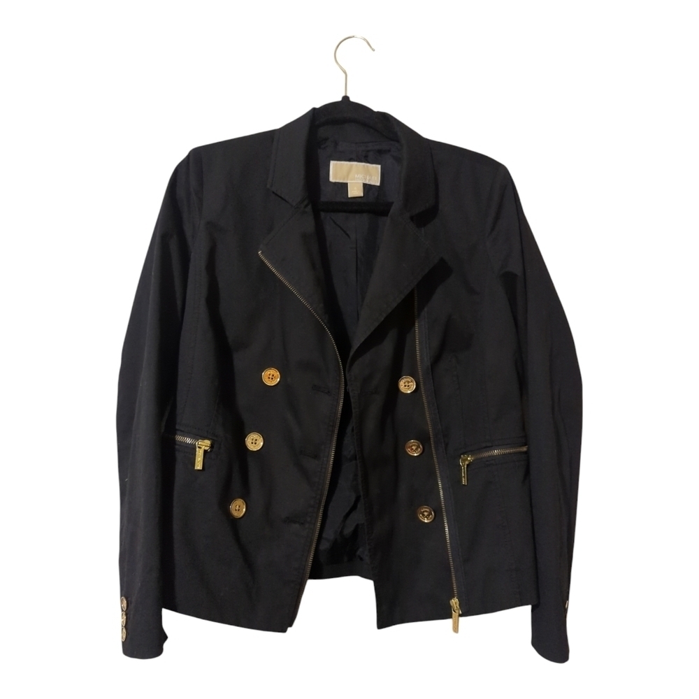 Michael Michael Kors Black Gold Zip Buttons Women's Double Breasted Jacket - Picture 3 of 10